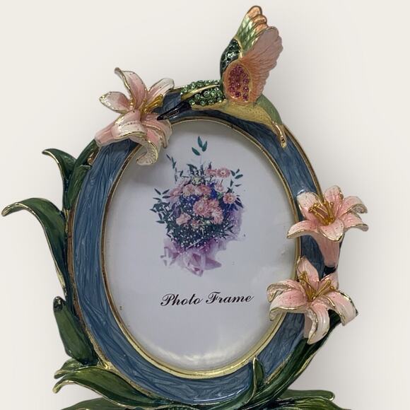Humming Bird & Floral Frame Oval Royal Gem Collection  Green & Pink 4" x 5" - Picture 3 of 7